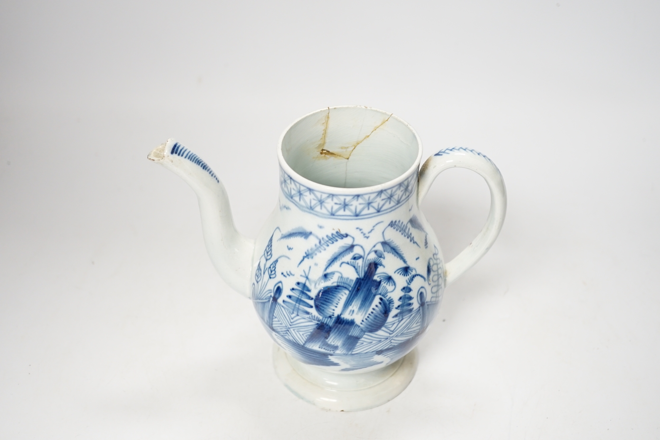 A late 18th century blue and white pearlware coffee pot and cover, 22cm high